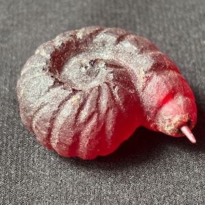 Concha espiral de color rojo intenso, tallada en vidrio antiguo, con aguijón móvil, translúcida, 17 g.
