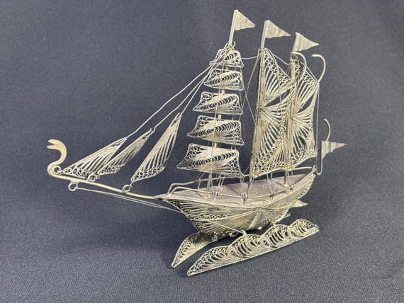 Vintage Spun Silver Ship Sculpture: Indonesian Filigree