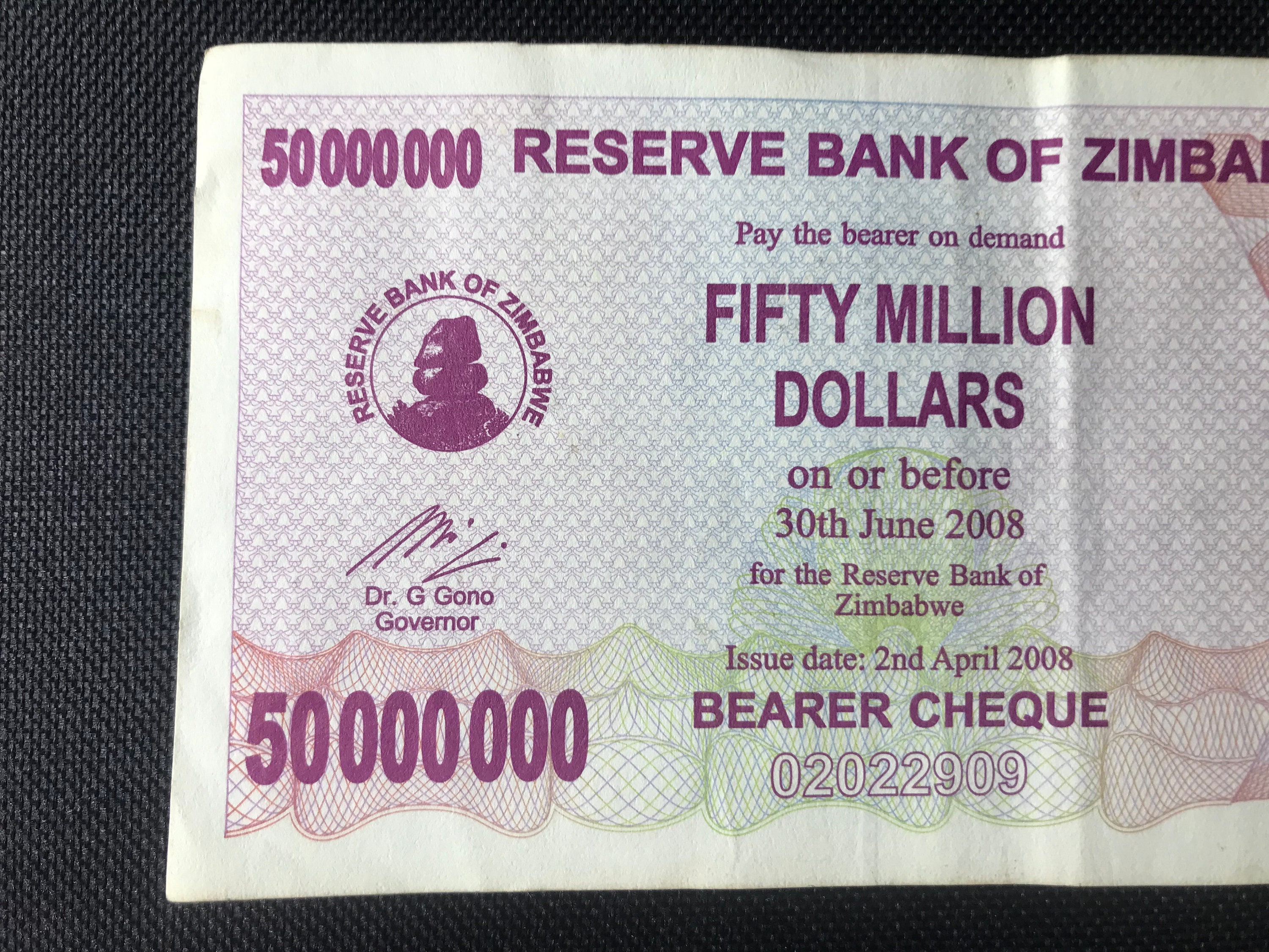 ヴィンテージジンバブエ5000万ドル紙幣：希少コレクターズノート