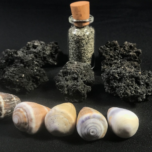 KRAKATAU VOLCANIC LAVA rock – sand - shell set – Krakatau - Indonesia – black sand from Krakatau sea shell Sertung island (next to Krakatau)