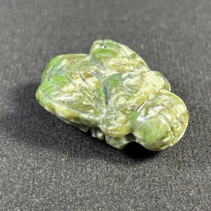May include: A green and white carved jade stone sculpture of a fly.