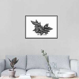 May include: A black and white photograph of a mineral specimen. The mineral has a complex, branching structure with a rough texture. It is set against a white background within a black framed picture.