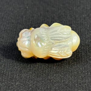May include: A white mother of pearl carved bee charm. The bee is detailed with wings and a body. The charm is a light beige color with iridescent highlights.