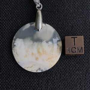 Può includere: Un ciondolo rotondo in agata bianca con una balla d'argento. L'agata presenta un motivo nuvoloso bianco e grigio. Il ciondolo ha un diametro di circa 2,5 cm.