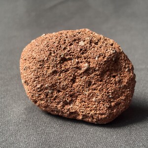 Puede incluir: Una roca porosa de color marrón rojizo, probablemente piedra pómez o roca volcánica, se encuentra sobre una superficie gris. La roca tiene una superficie rugosa y texturizada con pequeños agujeros e inclusiones minerales más claras.