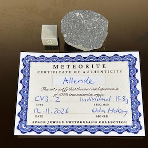 May include: A meteorite specimen with a certificate of authenticity. The certificate is labeled "Allende" and includes details such as "CV3.2" and "Individual 15.8g". A small, silver cube with a letter "T" is also present.