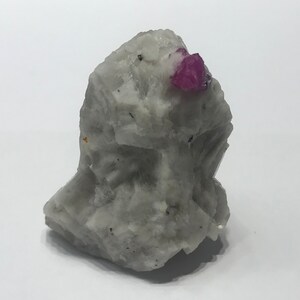 May include: A rough, gray mineral specimen with a vibrant, fuchsia-colored crystal protruding from the top. The mineral has a textured surface and is set against a plain white background. The crystal is a striking contrast to the muted gray.