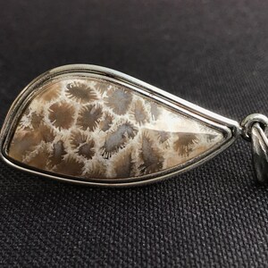 Puede incluir: Un colgante de plata con una piedra de coral fosilizado. La piedra es de color marrón claro con un patrón blanco.