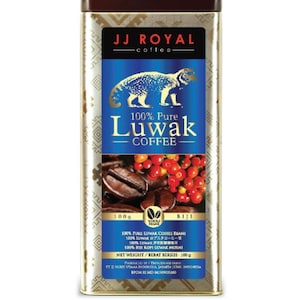 100% pure LUWAK coffee from Indonesia - Brand JJ Royal Indonesia - original sealed tin box - coffee beans - genuine - 100 g