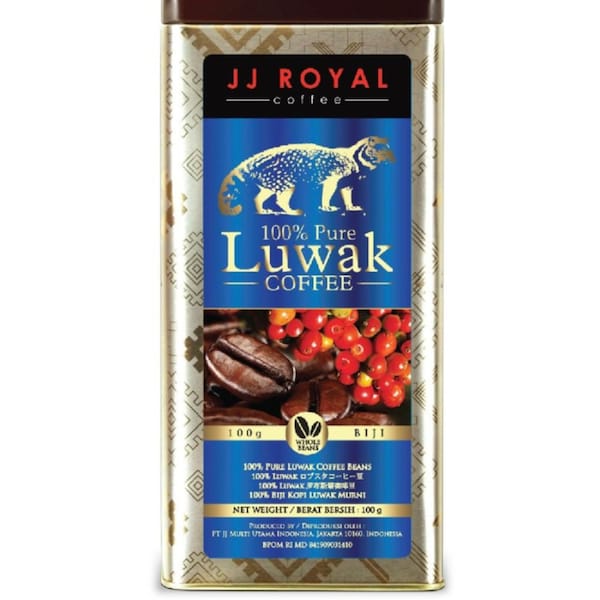 Café LUWAK 100 % pur d'Indonésie - Marque JJ Royal Indonesia - Boîte en fer blanc scellée d'origine - Café en grains - authentique - 100 g