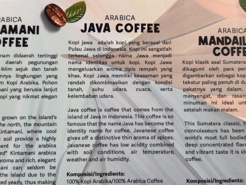 Puede incluir: Anuncio de caf&eacute; con el texto "JAVA COFFEE" y "MANDAI COFFEE". La imagen incluye un grano de caf&eacute; y una hoja. El texto describe el origen y las caracter&iacute;sticas del caf&eacute;, incluyendo su aroma.