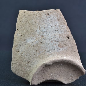 May include: A fragment of a ceramic pot, showing a rough, textured surface with a light brown color. The pot has a slightly curved edge and appears to be quite old.