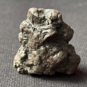 Könnte beinhalten: Ein kleiner, unregelmäßig geformter, dunkelbrauner Stein mit einer rauen, strukturierten Oberfläche. Der Stein hat eine komplexe, organische Form mit mehreren Vorsprüngen und Vertiefungen. Das Aussehen deutet auf einen natürlichen, verwitterten Stein hin.