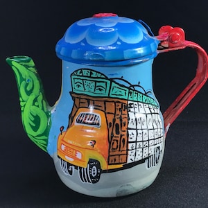 Miniaturowy czajniczek do herbaty TRUCK ART – z Taxila w Pakistanie – ręcznie robiony – wyjątkowy i stylowy – niesamowicie kolorowy – waga: 180 g - 13 x 10 x 7 cm