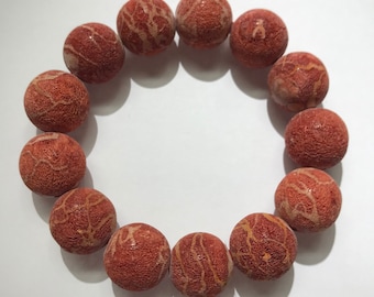 RED natural Coral bracelet - gemstone - jewelry - 17 mm round beads - elastic - unpolished beads - unisex for him or her - from Indonesia