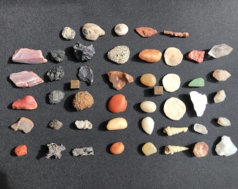 SET of 45 Natural Stones and Fossils - from Egypt - Switzerland and Indonesia - Educational set - all kind of stones - approx. 180 g