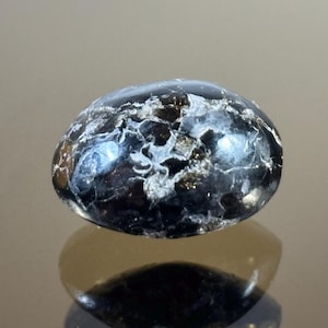 Peut inclure: Une pierre précieuse polie de forme ovale, avec une surface sombre et brillante. La pierre présente des motifs de veinage blancs et argentés complexes, créant un effet marbré. La pierre est présentée sur une surface réfléchissante.
