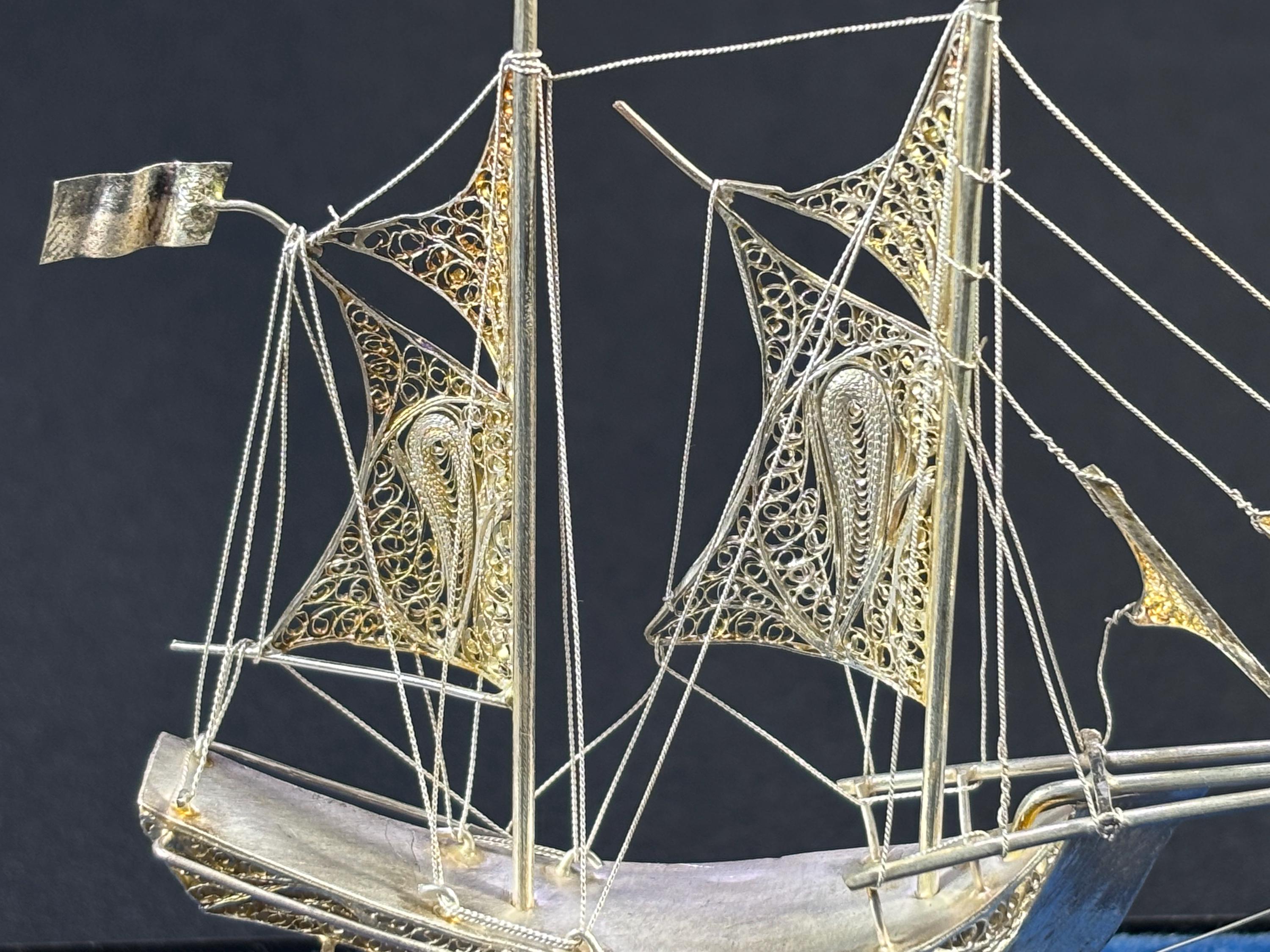 Spun Silver Wire Ship Sculpture: Vintage Indonesian Filigree Model