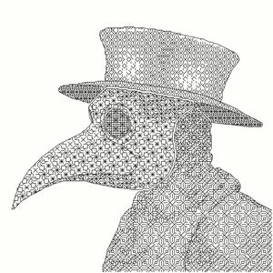 May include: Black and white line art illustration of a plague doctor wearing a long coat, a hat, and a beak mask. The design is intricate and detailed, with a repeating pattern of geometric shapes.