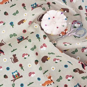 Stoff Meterware Baumwolle | Wald Tiere Druck auf Leinenoptik | hochwertiges Material für Heimtextilien, Kinderzimmer Vorhänge & Bekleidung