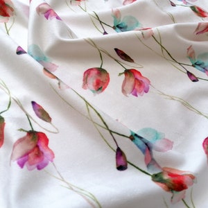 fabric by the meter velvet with floral pattern | Aquarelle Tulips | high-quality super soft textile for upholstery, curtains & clothing