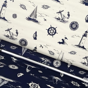 Stoff Meterware Doubleface Jacquard | maritimes Segel Motiv - dunkelblau beige | hochwertiges Material für Heimtextilien, Vorhänge & Taschen