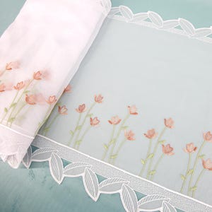 panels by the meter | Heart Tulips | embroidered white window curtain | seasonal spring decoration | flower deco fabric | 45 cm hight