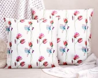 pillow cases velvet | colorful tulip aquarelle pattern on soft white fabric | handmade  cushion cover 40x40 cm / 50x50 cm / 15x15" / 20x20"