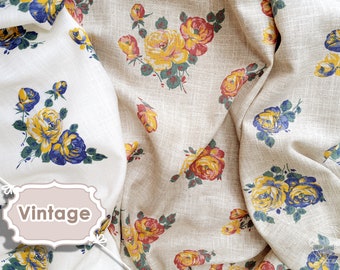 Vintage linen cotton fabric by the meter | Bavarian Rose | floral pattern on white & beige | for home textiles, curtains, clothing