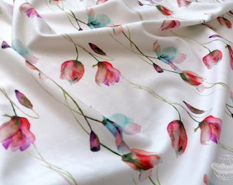 fabric by the meter velvet with floral pattern | Aquarelle Tulips | high-quality super soft textile for upholstery, curtains & clothing