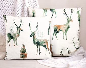 pillow cases cotton | Deer Aquarelle pattern - green brown white | handmade  country cushion covers 40x40 cm / 50x50 cm / 15x15" / 20x20"