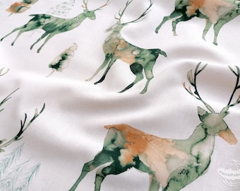 fabric by the meter cotton Deer Aquarelle pattern - green brown white | high-quality country textile for home textiles, curtains & clothing