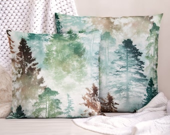 pillow cases cotton | Forest Aquarelle pattern mint green brown white | handmade  cushion cover 40x40 cm / 50x50 cm / 15x15" / 20x20"