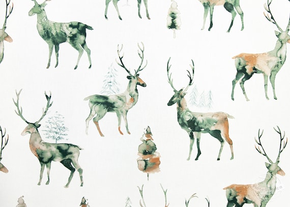 fabric by the meter cotton Deer Aquarelle pattern - green brown white | high-quality country textile for home textiles, curtains & clothing