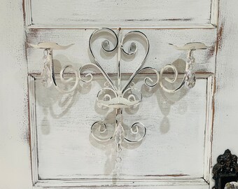 Candle Sconce w/Crystals, Wall Sconce, Wall Candleholder, Farmhouse, French Country, Shabby Chic Wall Sconce, Upcycled Decor