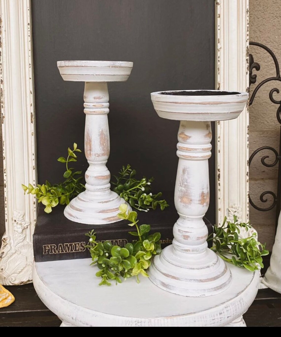 White Distressed Wooden Candle Holders Etsy