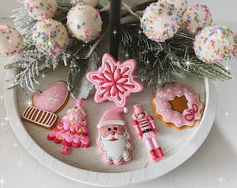 Set of 6 Faux Mini Pink Pastel Gingerbread Cookie “Scatter” for Tiered Tray Decor, Santa’s Cookies Display and other Christmas Displays