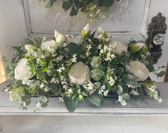 Farmhouse Floral Centerpiece, Farmhouse Mantle Decor, Rustic Kitchen Island Centerpiece, Peony Eucalyptus Floral Arrangement