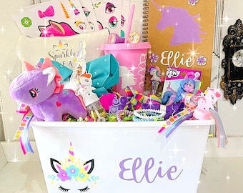 Unicorn Gift Basket Personalized for Kids, Girls Unicorn Gift Box Personalized, Sensory Kit,Busy Bin,Unicorn Gift Set,Unicorn Birthday