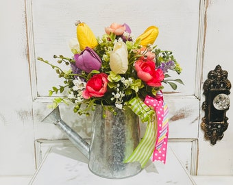 Spring Floral Watering Can Arrangement, Floral Watering Can, Spring Tulip Arrangement, Spring Tulip Centerpiece, Floral Gift Arrangement