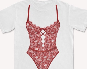 Lingerie Bodysuit Graphic Tshirt. Bikini Shirt. Funny and Sassy Tshirt. Comfort Colors. Edgy Red Lacey Lingerie Fashion Valentines Tee