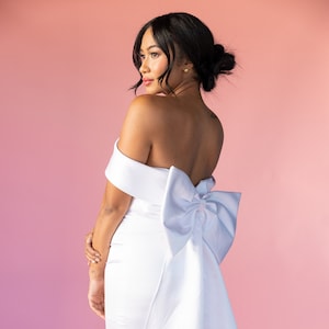 The Steffy Bow Dress. Custom Made Mini dress with Large Bow Train Bridal Shower Bachelorette Elopement Engagement Bridal Exit Dress