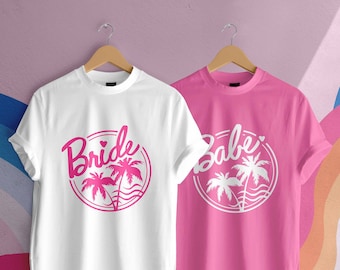 Bachelorette Party Shirts. Malibu Babe Let's Go Party Shirts. 90s Y2K theme. Girl About town x Beverthine Collab Collection Doll Party Theme