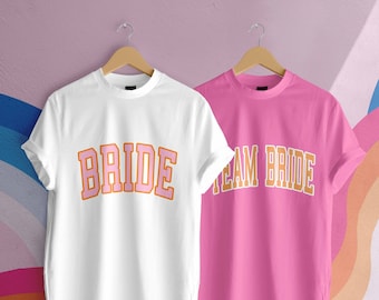 Bachelorette Party Shirts. Varsity Team Bride Tees. Let's Go Party Shirts. Malibu Doll 90s Y2K theme. GAT x Beverthine Collab Collection.