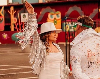 The ORIGINAL Sequin Fringe Jacket and matching Mrs Fedora Bridal Statement Fringe Boho Disco Photoshoot Theme. Country Dolly Bridal Trends