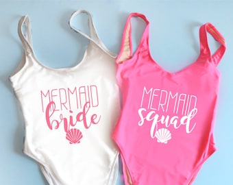 Bachelorette Swimsuits Bachelorette Bathing Suits. Mermaid Bride Swim Suit. Mermaid Squad Swimsuit customizable. Retro cut bathingsuit