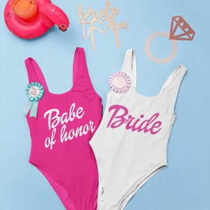 Bachelorette Swimsuits Bachelorette Bathing Suits. Bride Swim Suit. Babe of Honor Swimsuit customizable Doll Swimsuit. Retro cut One Piece