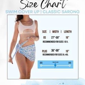 May include: Size chart for a swim cover-up sarong. The chart shows two sizes: OS (27-59 inches wide, 16 inches long) and Plus (36-68 inches wide, 19 inches long). The chart also indicates that the OS size is recommended for sizes XS-L and the Plus size is recommended for sizes XL-4XL.