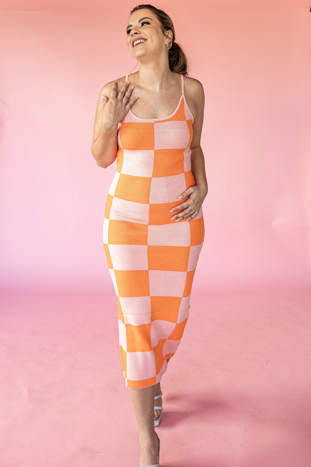 Pink & Orange Checker Dress. Y2K Grid Pattern Maxi Bodycon Retro Vibes 90's Inspired Aesthetic