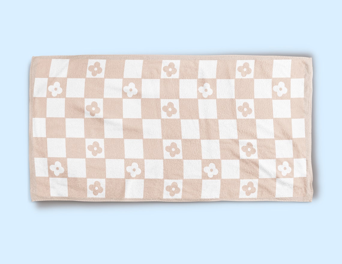 Lux Checkered Beach Towel. White & Peachy Tan Block Grid Etsy